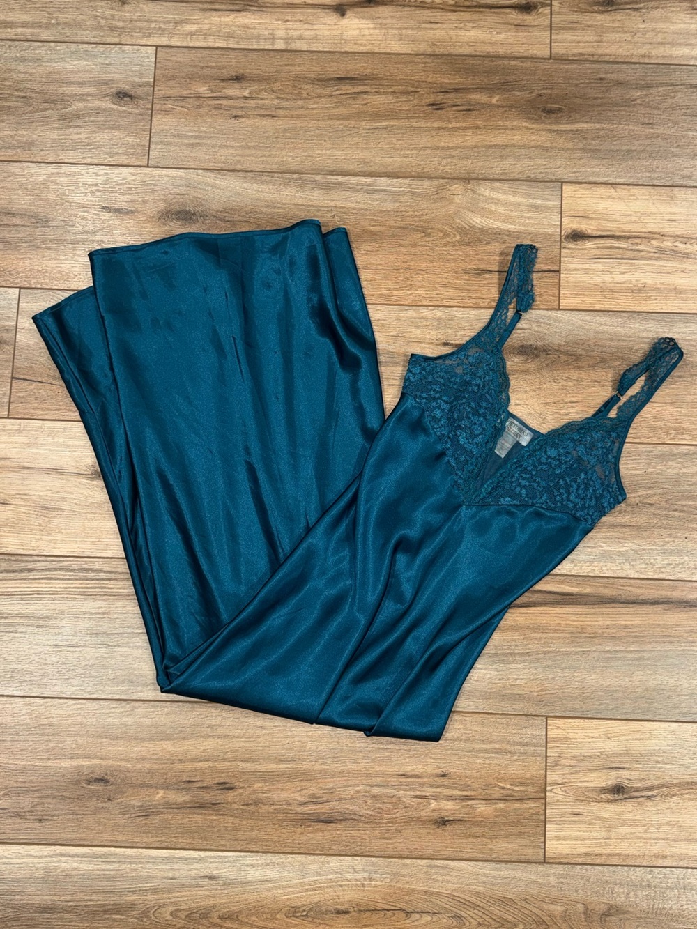 VICTORIA’S SECRET Vintage 90s Gold Label Teal Satin Lace Maxi Slip Dress XS